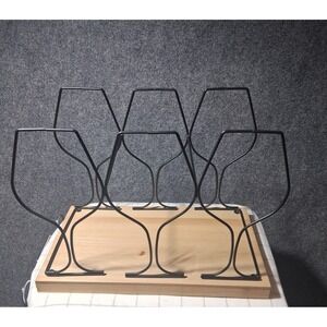Modern Industrial 6 Bottle Wine‎ Rack Wood Base Black Metal Wire Frame 303839